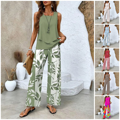 🔥 Hot Sale 50% OFF🌺Ensemble 2 pièces à imprimé tendance pour femmes - Top et pantalon sans manches