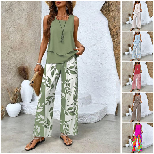 🔥 Hot Sale 50% OFF🌺Ensemble 2 pièces à imprimé tendance pour femmes - Top et pantalon sans manches