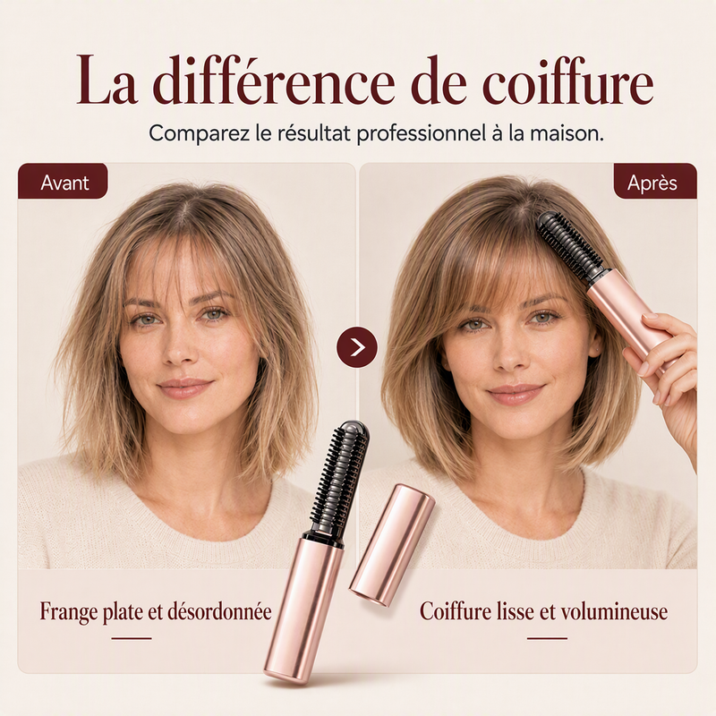 Mini-brosse lissante sans fil chauffante, peigne coiffant portable et rechargeable pour la frange et pour donner du volume