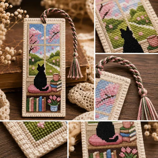 🐈📚 Marque-page DIY au point de croix – « Les quatre saisons : un chat à la fenêtre » ✨ Un projet de loisirs créatifs réconfortant pour les amateurs de lecture