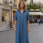 👗🔥Robe-Chemise Midi Jean Femme Poches – Tissu Structuré Non Collant Coupe Oversize Flatteuse Toutes Morphologies S-3XL, Col V Ajustable Manches Courtes Élégance Quotidienne, Légère Respirante✨