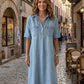 👗🔥Robe-Chemise Midi Jean Femme Poches – Tissu Structuré Non Collant Coupe Oversize Flatteuse Toutes Morphologies S-3XL, Col V Ajustable Manches Courtes Élégance Quotidienne, Légère Respirante✨