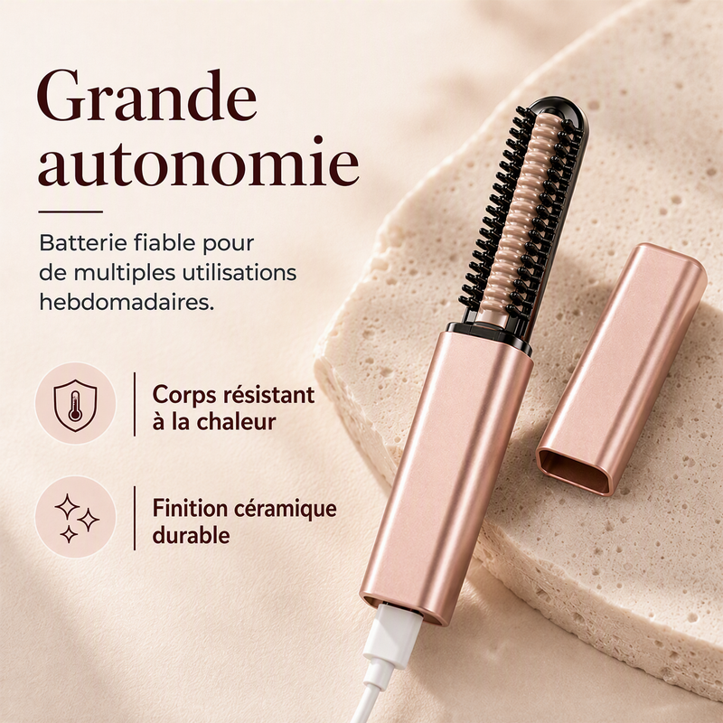 Mini-brosse lissante sans fil chauffante, peigne coiffant portable et rechargeable pour la frange et pour donner du volume