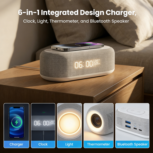 ⏰ OFFRE LIMITÉE : -50 % 💥 Chargeur sans fil 6-en-1 25 W 🔋 avec horloge, lampe et haut-parleur – Organisation et confort en un seul appareil ✨