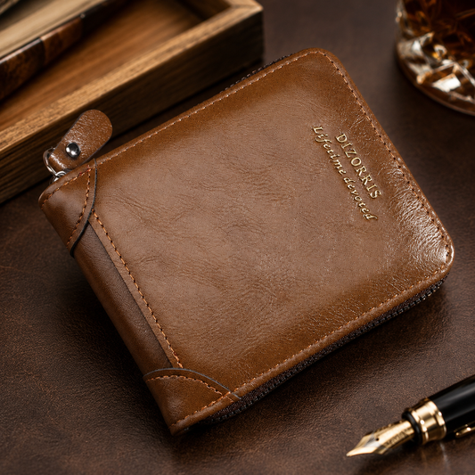 Portefeuille vintage pour homme, court, à fermeture éclair sur tout le pourtour et à trois volets