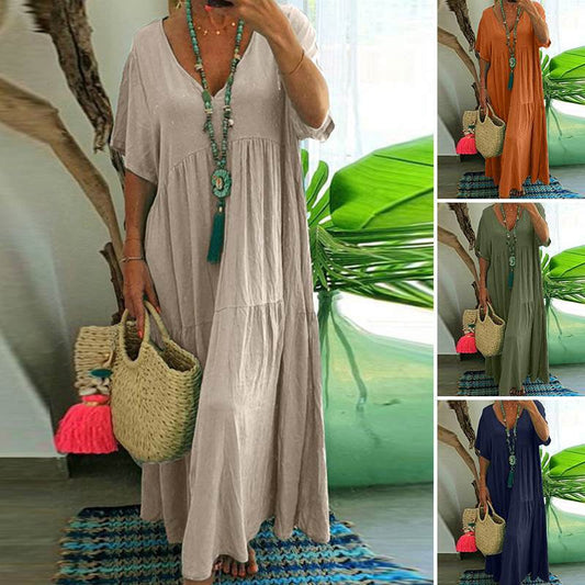 👗 PROMO LIMITÉE 50% DE RÉDUCTION ! 🌸 Robe Longue Décontractée Femme – Col V, Coupe Ample, Coton Doux ✨