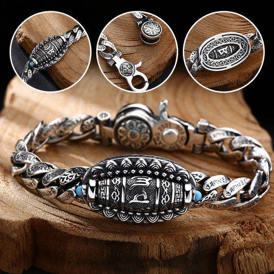 Bracelet en argent tibétain avec six caractères Mantra Luck