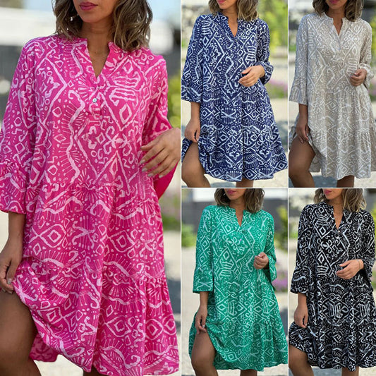 🌺Robe décontractée, ample et fluide, à encolure en V et à motifs