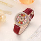 Montre à cadran rotatif pour femme avec diamants simulés colorés