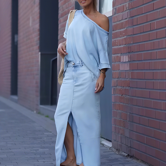 Top d'épaule diagonale pour femmes avec jupe longue en jean fendu
