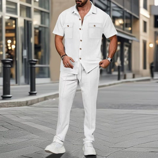 🎊Meilleures ventes 2025🎊Vêtements pour hommes, couleur unie, décontracté, coton et lin, ensemble deux pièces