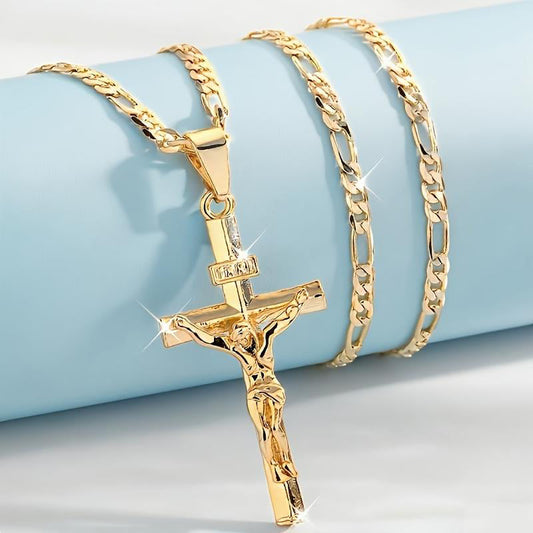 ✨ Collier Crucifix en Or – Motif INRI Détaillé, Chaîne Figaro Ajustable & Finition Éclatante 💛