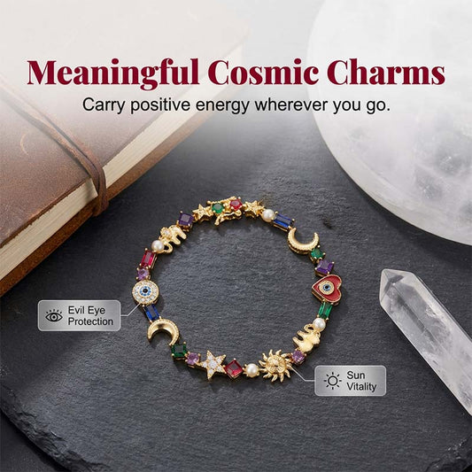 💫✨ PROMO LIMITÉE -50% ! Bracelet Céleste – Charme Soleil/Lune/Étoile, Cristaux Multicolores, Doré, Cadeau Parfait