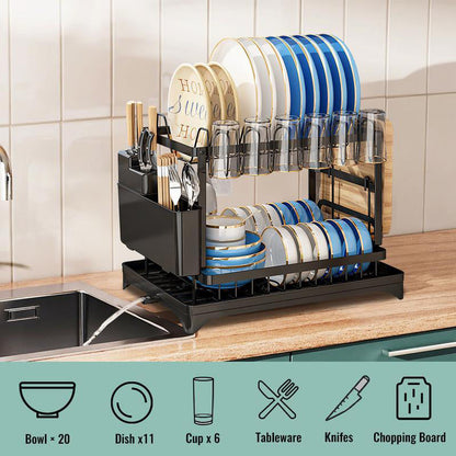 🍽️💧 Égouttoir à vaisselle à deux niveaux avec bac d’égouttage – Bec verseur pivotant 360°, rangement multifonctionnel, acier au carbone, l’allié parfait pour une cuisine ordonnée et un plan de travail toujours sec 🧼✨