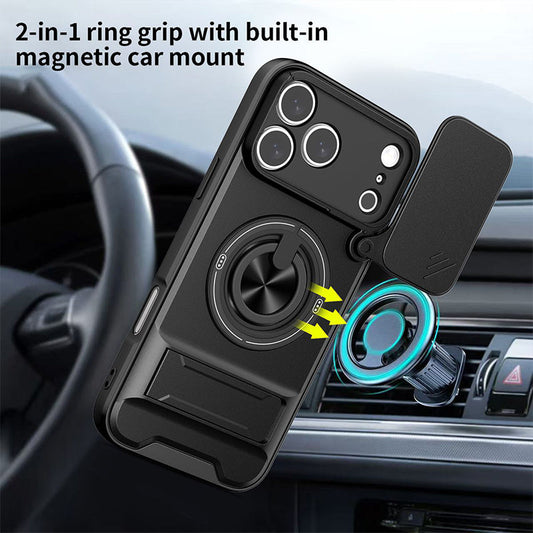 ⏳🔧 PROMO LIMITÉE 50% ! Coque de Protection 4-en-1 pour iPhone – Couverture Coulissante Caméra, Anneau Rotatif 360°, Support Magnétique, Double Kickstand, 5 Couleurs ⏰