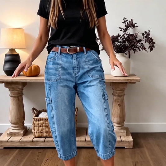 👖 PROMO FLASH 50% ! 📢Pantalon Jean Court Extensible Femme – Coupe Barrel Décontractée, Taille Mi-Haute, Poches Multiples, 2 Coloris, Tailles S-3XL, Idéal Quotidien ✨