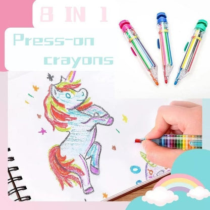 🌈🎨8-colour push-button coloured pen🌈🎨Crayons de couleur à bouton-poussoir à 8 couleurs, sans aucun composant chimique, adaptés au dessin et à l'écriture pour les enfantscils, free from any chemical ingredients, suitable for children to draw and write with