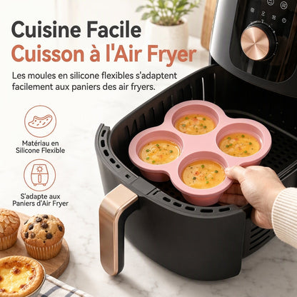📢📢50% DE RÉDUCTION !! ⏰ Moule rond en silicone de 10 cm pour friteuse à air – 3 ou 4 cavités, démoulage facile et cuisson polyvalente