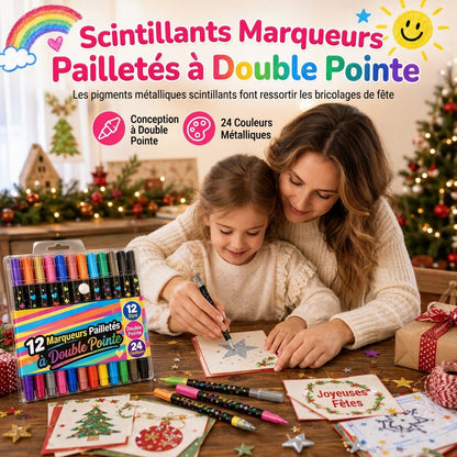12 Stylos Surligneurs Pailletés à Double Pointe, 24 Couleurs, Stylos Marqueurs d'Art à Pointe Souple pour Enfants et Étudiants