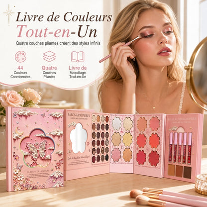 Palette de maquillage 44 couleurs, ensemble tout-en-un en forme de livre à 4 couches avec fard à paupières, blush, surligneur, anti-cernes, rouge à lèvres et gloss